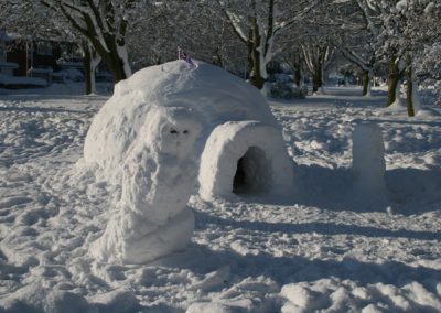 An igloo and snow owl after heavy snow in Messingham