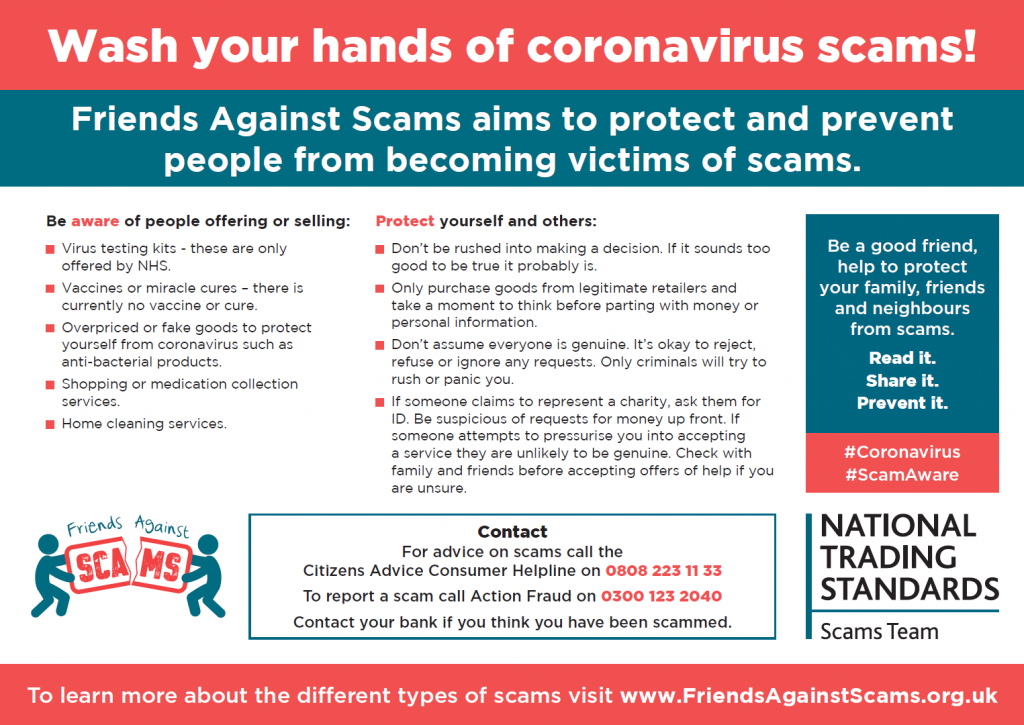 A poster offering advice about Coronavirus Scams and with a link to the Friends Against Scams website